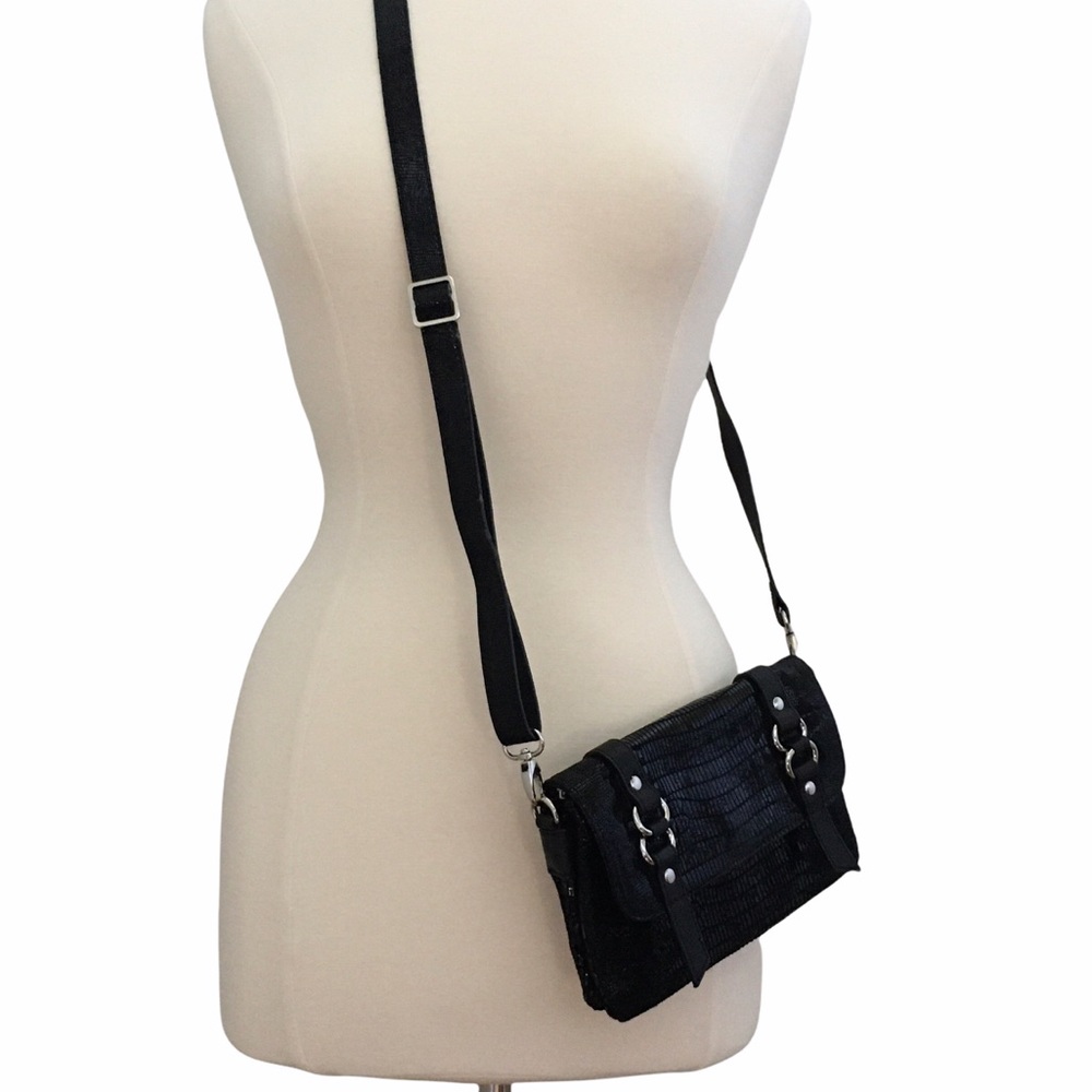 CHEZ Snakeskin Soft Leather Crossbody or Clutch Bag in Black NWOT